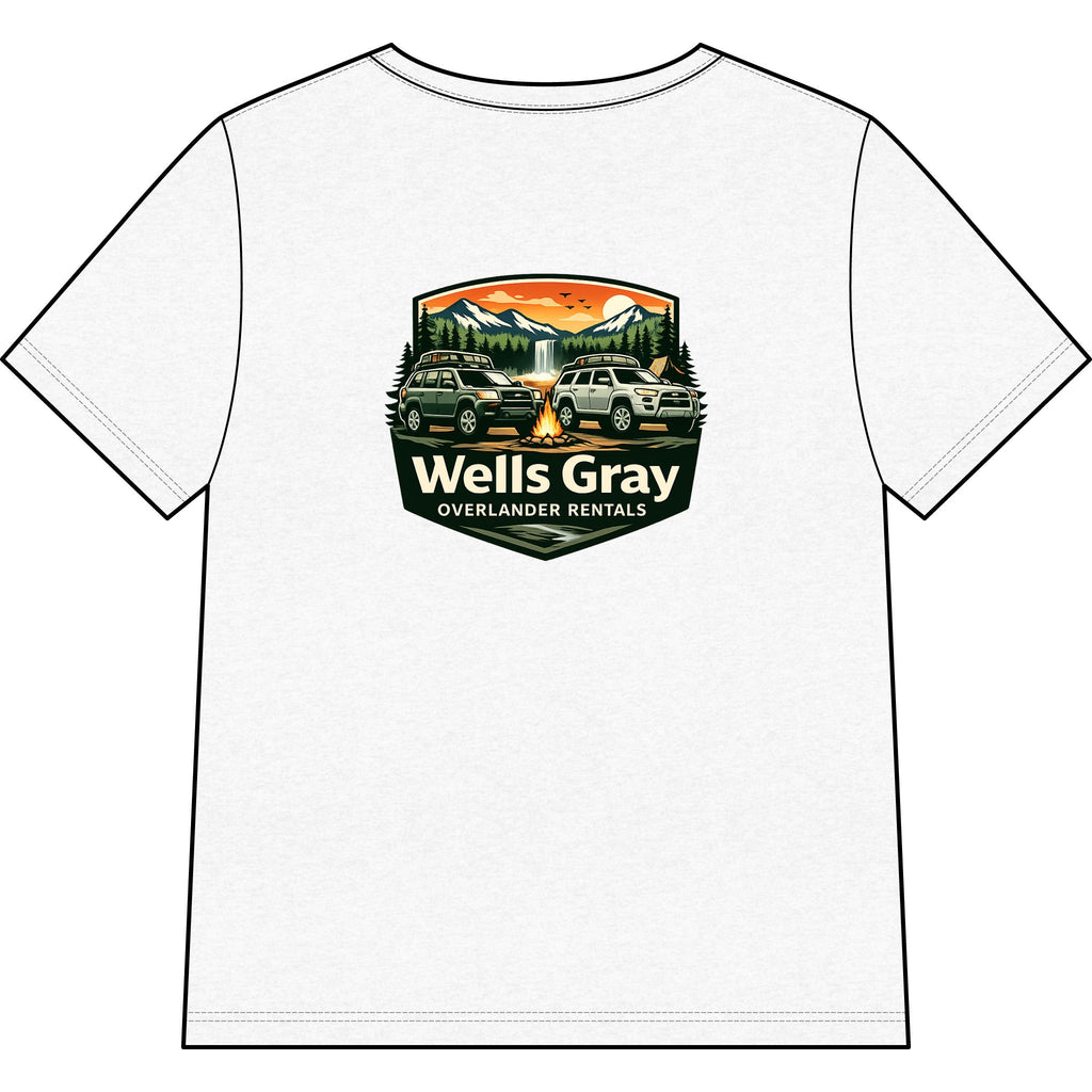 Overlander V-Neck Tee — 'Wells Gray Overlander Rentals' Adventure Badge